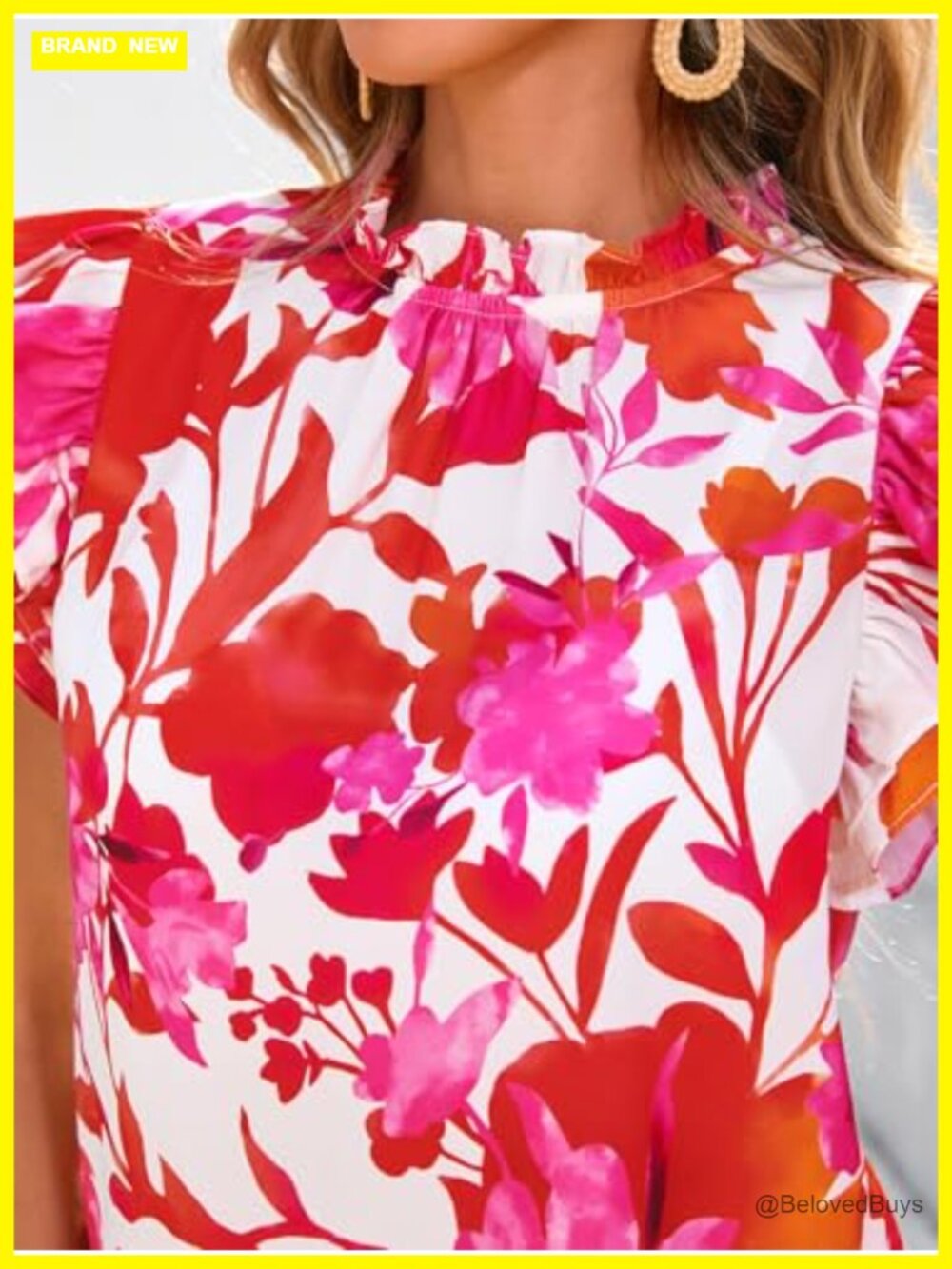 Ruffle Short Sleeve Summer Top Floral Trim Chiffon Boho Blouse - Picture 5 of 6